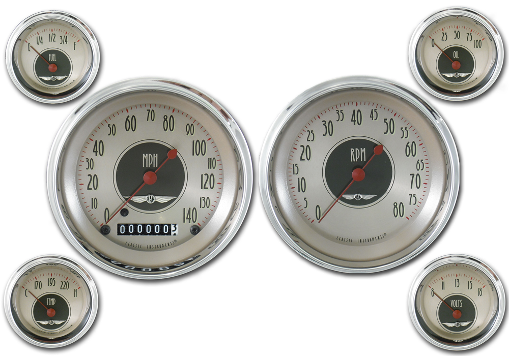 AN51SLC - Classic Instruments All American Nickel 6 gauge set Speedometer Tachometer Fuel Temperature Volt Oil