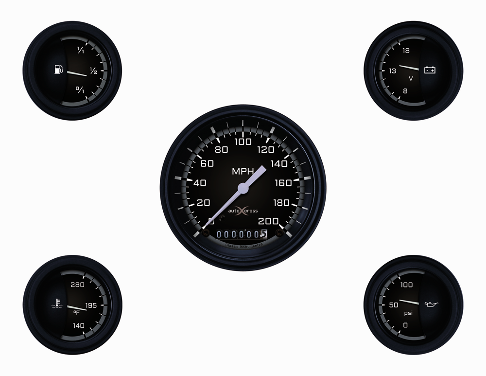 AX00GBLF - Classic Instruments AutoCross Gray 5 gauge set Speedometer Fuel Temperature Volt Oil