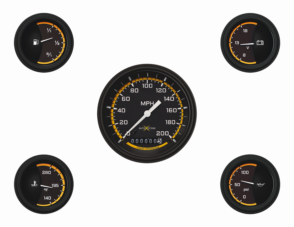 AX00YBLF - Classic Instruments Auto Cross Yellow 5 gauge set Speedometer Fuel Temperature Volt Oil