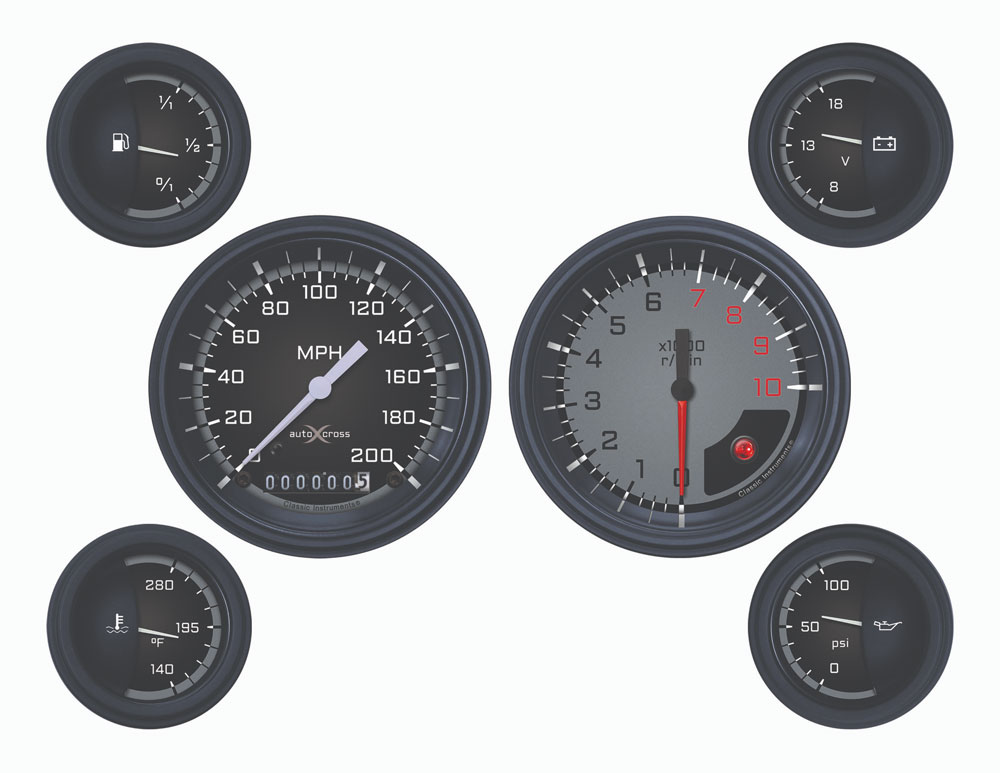 AX01GBLF - Classic Instruments AutoCross Gray 6 Gauge Set Speedometer Tachometer Fuel Temperature Volt Oil