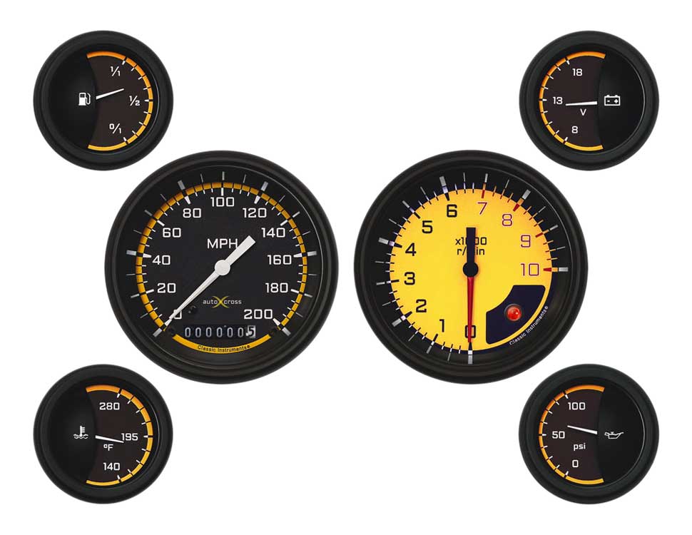 AX01YBLF-101 - Classic Instruments AutoCross Yellow 6 Gauge Set Speedometer Tachometer Fuel Temperature Volt Oil