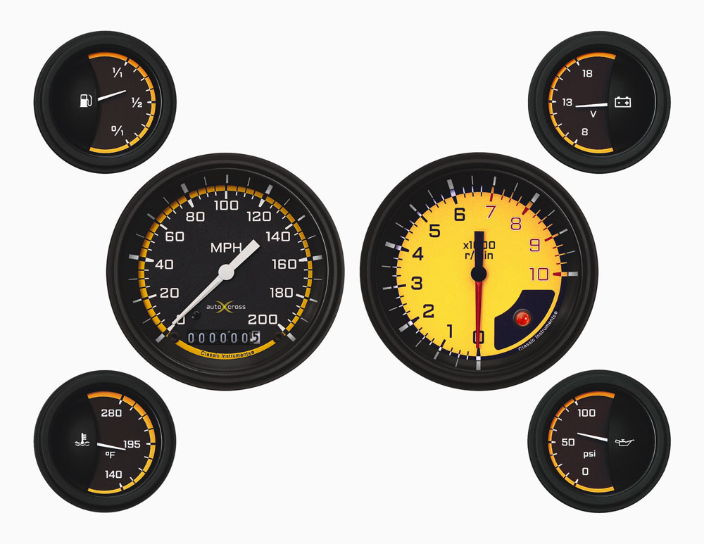 AX01YBLF - Classic Instruments AutoCross Yellow 6 Gauge Set Speedometer Tachometer Fuel Temperature Volt Oil