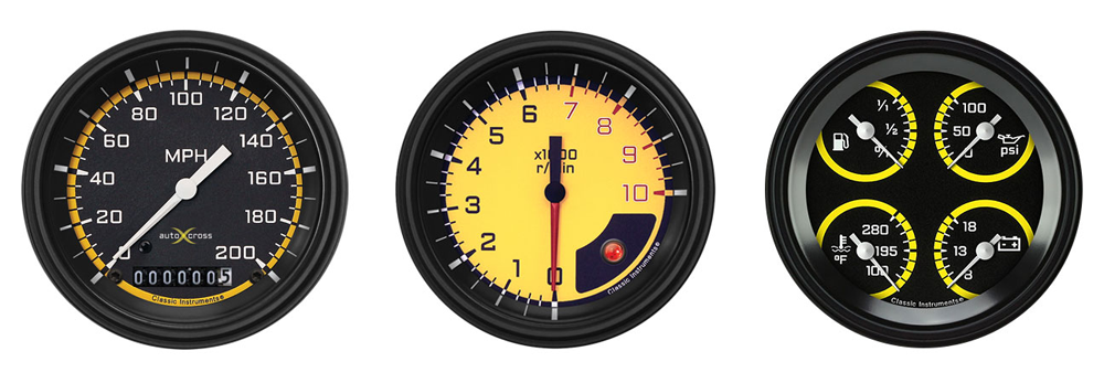 AX03YBLF - Classic Instruments AutoCross Yellow 3 gauge set Speedometer Tachometer Quad