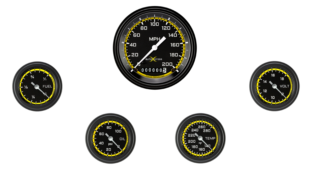 AX100YBLF - Classic Instruments AutoCross Yellow 5 gauge set Speedometer Fuel Oil Pressure Temperature Volt