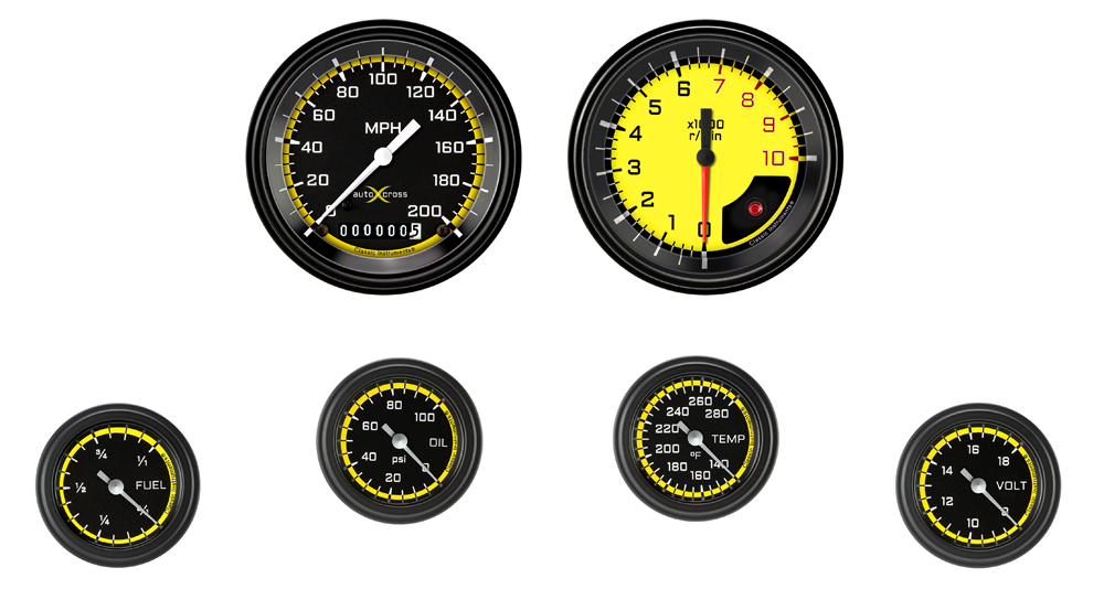 AX151YBLF - Classic Instruments AutoCross Yellow 6 gauge set Speedometer Tachometer Fuel Oil Pressure Temperature Volt