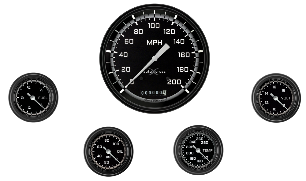 AX154GBLF - Classic Instruments AutoCross Gray 5 gauge set Speedometer Fuel Oil Pressure Temperature Volt