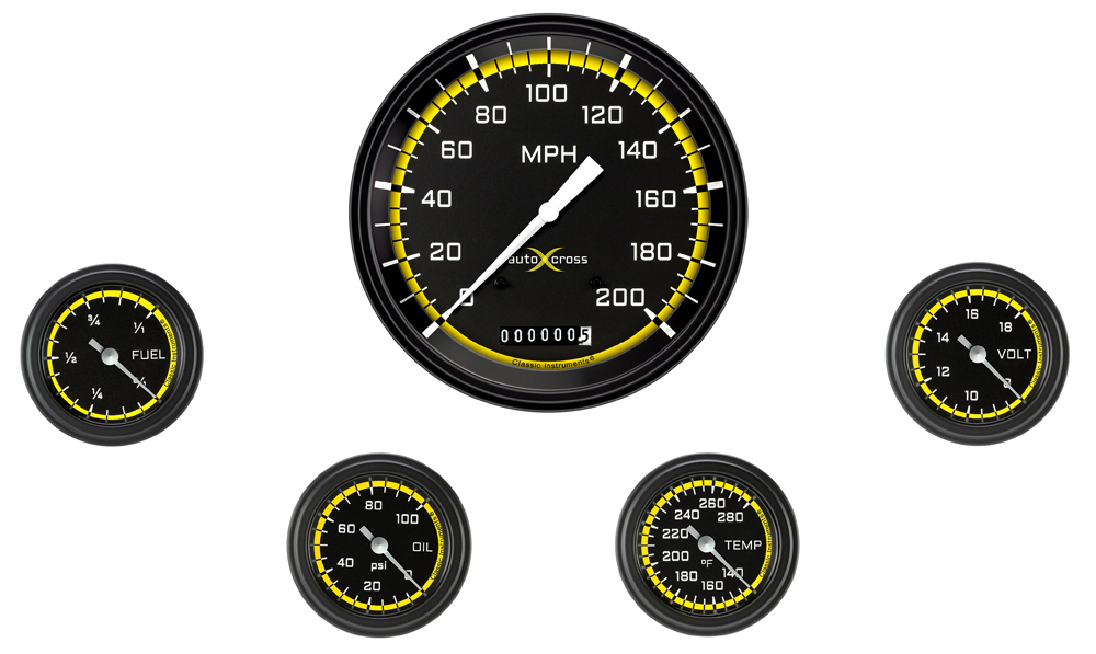 AX154YBLF - Classic Instruments AutoCross Yellow 5 gauge set Speedometer Fuel Oil Pressure Temperature Volt