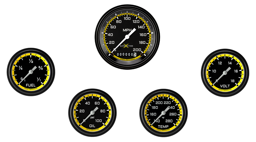 AX200YBLF - Classic Instruments AutoCross Yellow 5 gauge set Speedometer Fuel Oil Pressure Temperature Volt