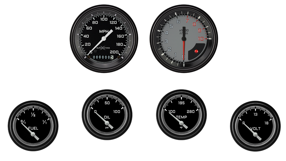 AX201GBLF - Classic Instruments AutoCross Gray 6 gauge set Speedometer Tachometer Fuel Oil Pressure Temperature Volt