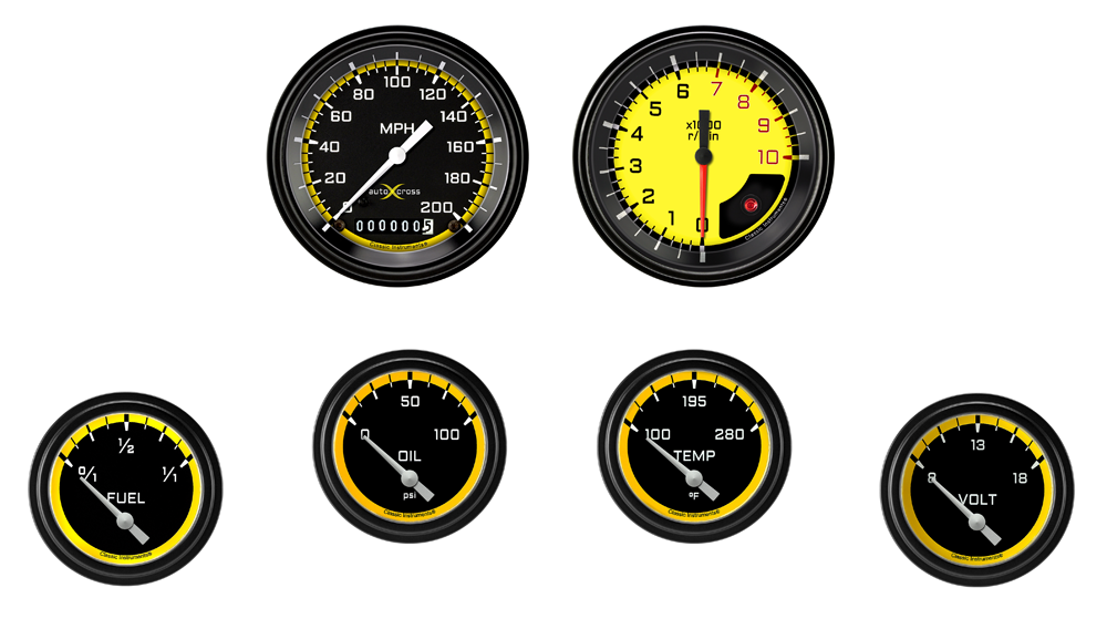 AX201YBLF - Classic Instruments AutoCross Yellow 6 gauge set Speedometer Tachometer Fuel Oil Pressure Temperature Volt