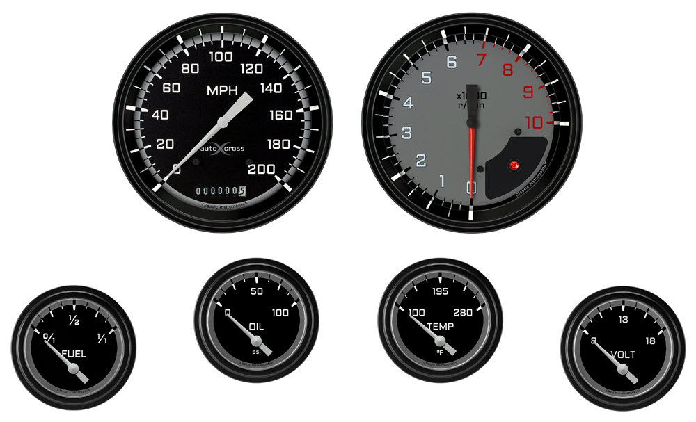 AX251GBLF - Classic Instruments AutoCross Gray 6 gauge set Speedometer Tachometer Fuel Oil Pressure Temperature Volt