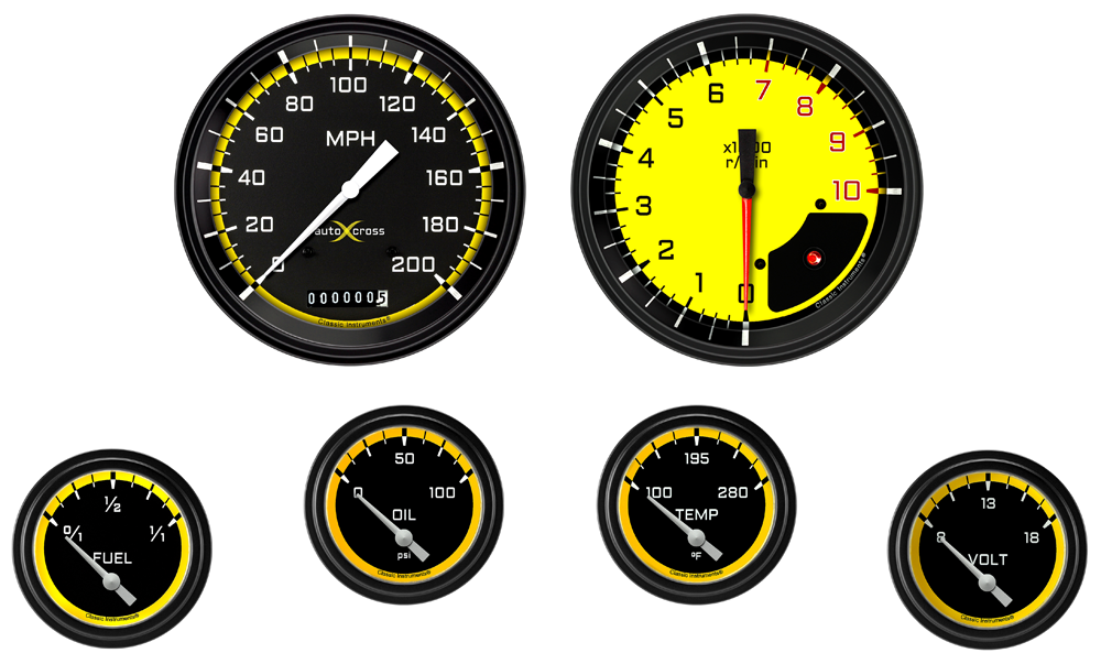 AX251YBLF - Classic Instruments AutoCross Yellow 6 gauge set Speedometer Tachometer Fuel Oil Pressure Temperature Volt