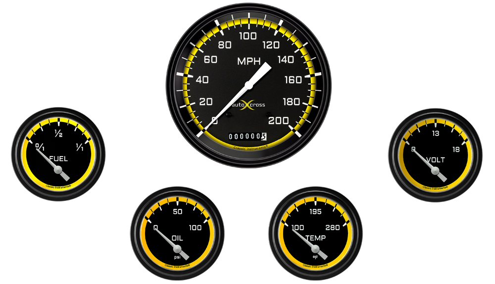 AX254YBLF - Classic Instruments AutoCross Yellow 5 gauge set Speedometer Fuel Oil Pressure Temperature Volt