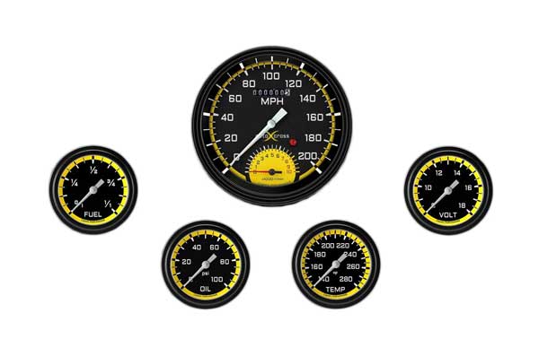 AX365YBLF - Classic Instruments AutoCross Yellow 5 gauge set Speedtachular Fuel Temperature Volt Oil