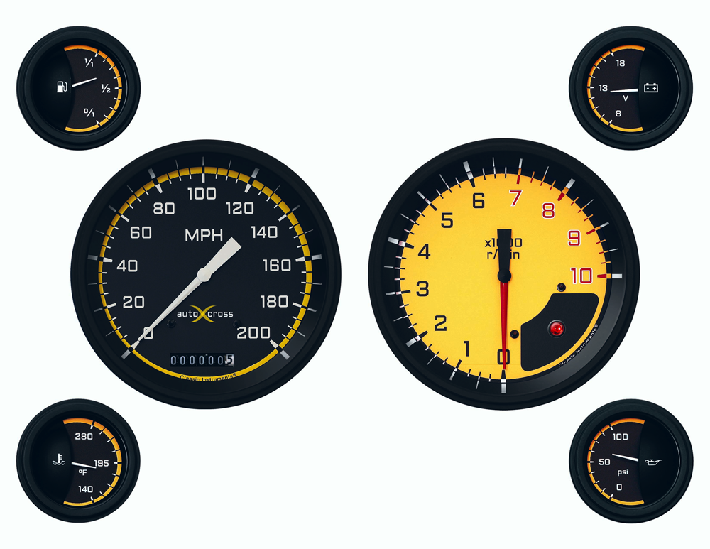 AX51YBLF - Classic Instruments AutoCross Yellow 6 Gauge Set Speedometer Tachometer Fuel Temperature Volt Oil