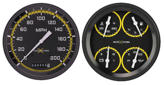 AX52YBLF - Classic Instruments AutoCross Yellow 2 gauge set Speedometer Quad