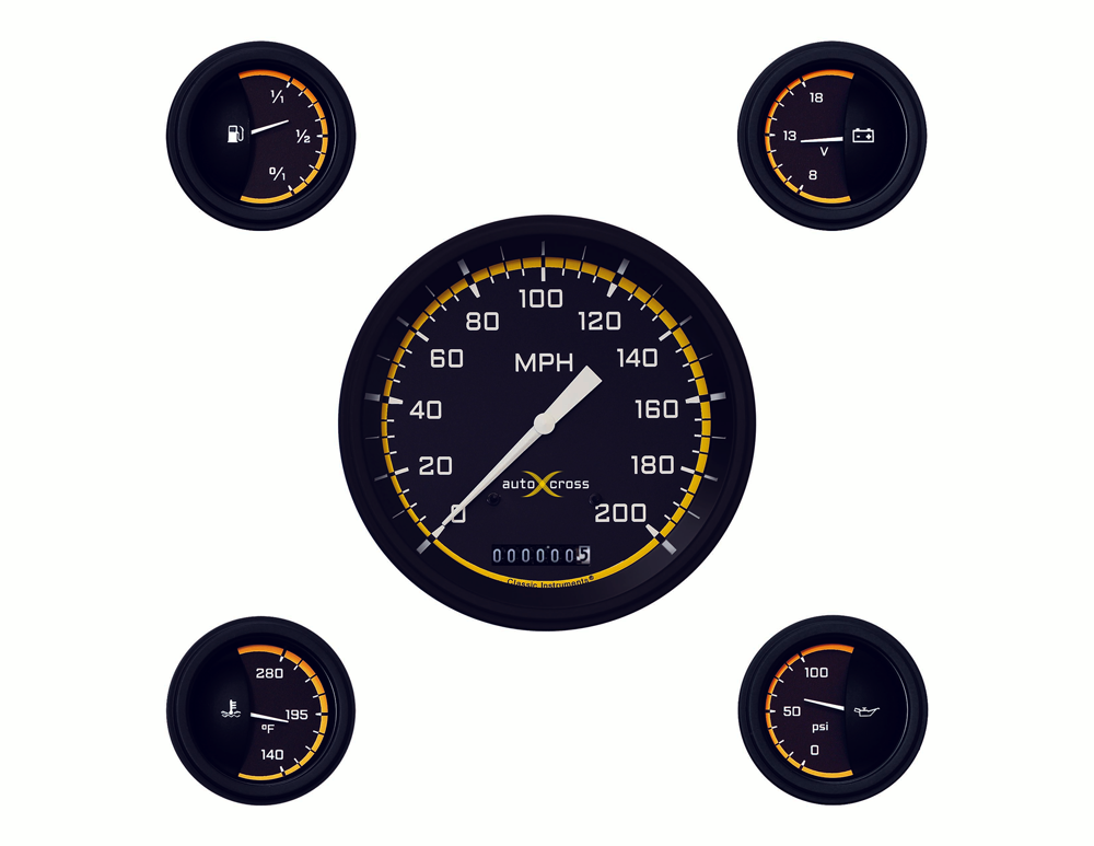 AX54YBLF - Classic Instruments AutoCross Yellow 5 gauge set Speedometer Fuel Temperature Volt Oil