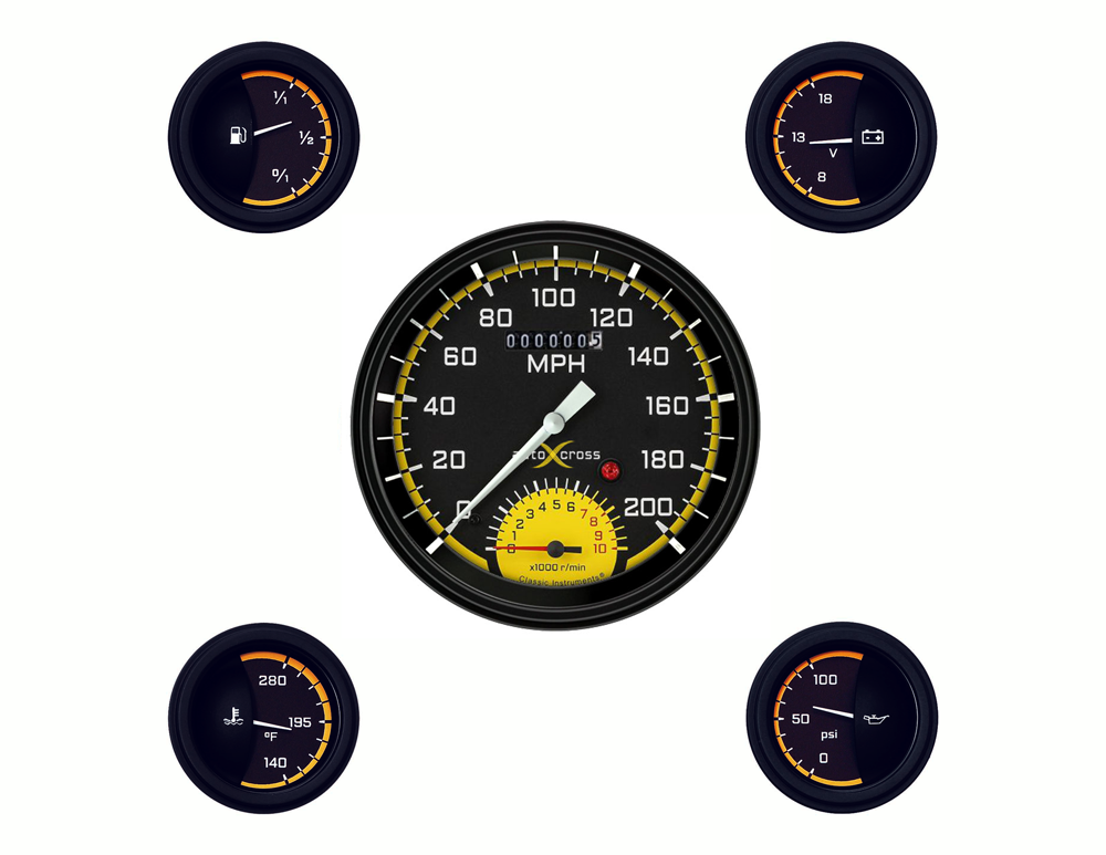 AX65YBLF - Classic Instruments AutoCross Yellow 5 gauge set Speedtachular Fuel Temperature Volt Oil