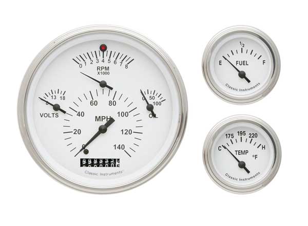 CH01WSLF-101 - Classic Instruments White '57 Chevy Package Speedometer-Tachometer-Oil-Volts-Temperature-Fuel