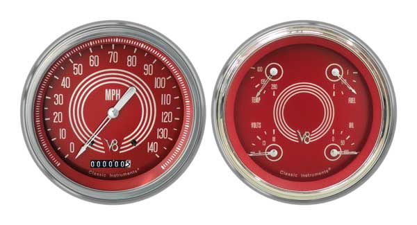 CT47V8RS52 - Classic Instruments 1947 -'53 Chevy Truck Package V8 Red Steelie Speedometer QUAD