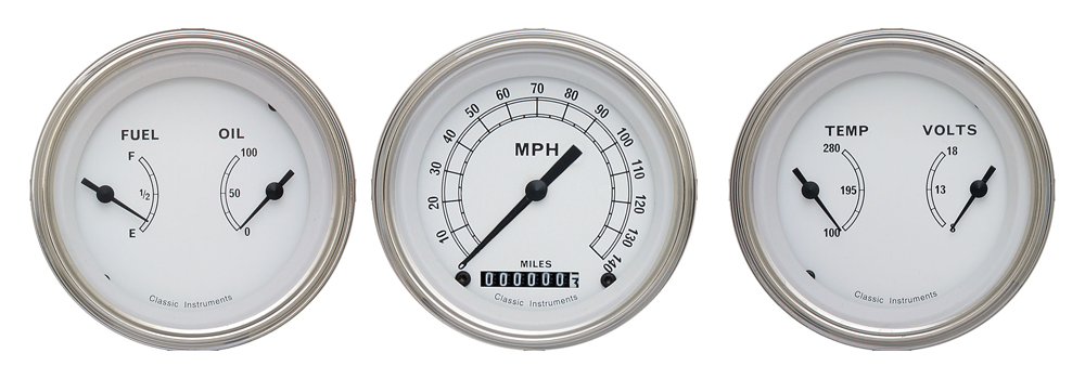 CW04SLF - Classic Instruments Classic White 3 gauge set Speedometer Fuel-Oil Temp-Volt