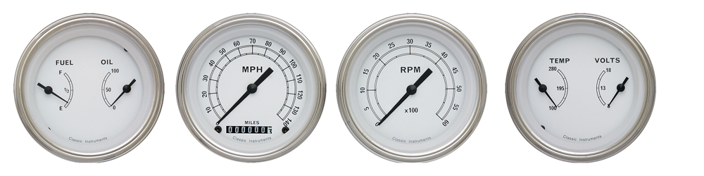 CW05SLF - Classic Instruments Classic White 4 gauge set Speedometer Tachometer Fuel-Oil Temp-Volt