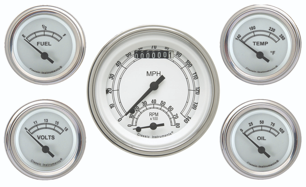 CW35SLF - Classic Instruments Classic White 5 gauge set Ultimate-Speedometer-Tachometer Fuel Temperature Volt Oil
