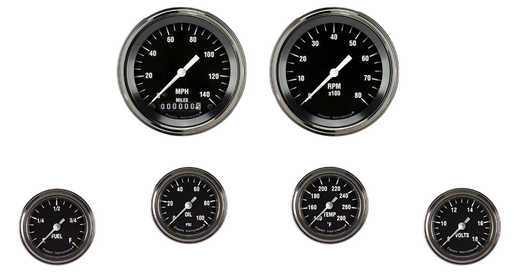 HR301SLF - Classic Instruments Hot Rod 6 gauge set Speedometer Tachometer Fuel Oil Pressure Temperature Volt