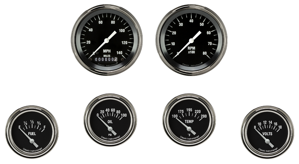 HR201SLF - Classic Instruments Hot Rod 6 gauge set Speedometer Tachometer Fuel Oil Pressure Temperature Volt