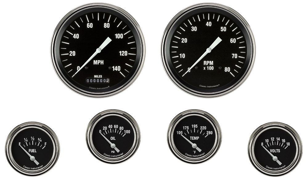 HR251SLF - Classic Instruments Hot Rod 6 gauge set Speedometer Tachometer Fuel Oil Pressure Temperature Volt