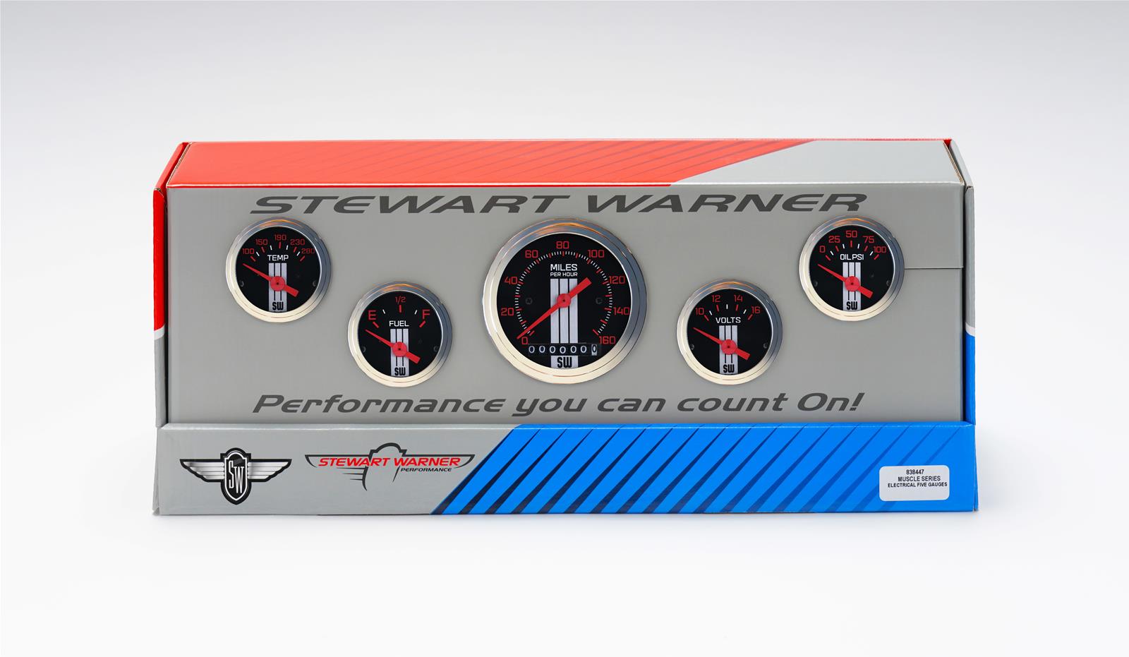 838447-Stewart Warner Gauge Kit-Voltmeter-FuelLevel-OilPressure-WaterTemperature-Speedometer Muscle Series