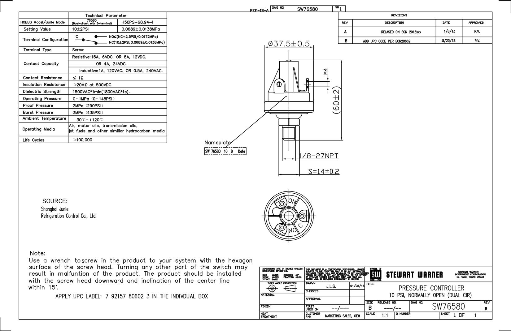 SW76580 - Stewart Warner 5000 Series Pressure Switch Dual Circuit