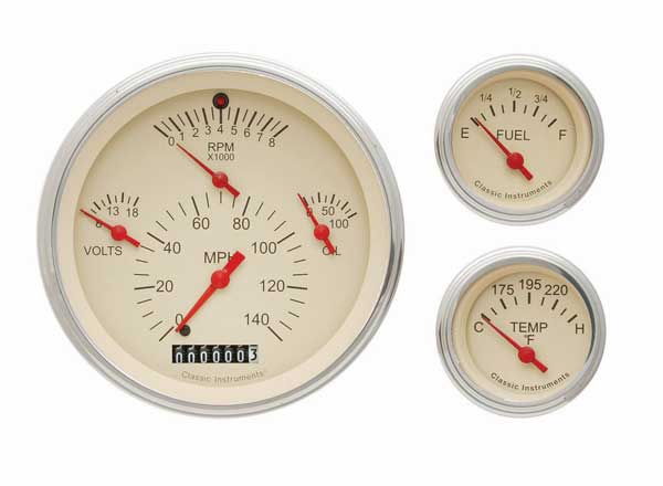 TE01TSLF - Classic Instruments 1957 Chevy Tetra Tan Package 3 gauge set Quad Fuel Water Temperature gauges