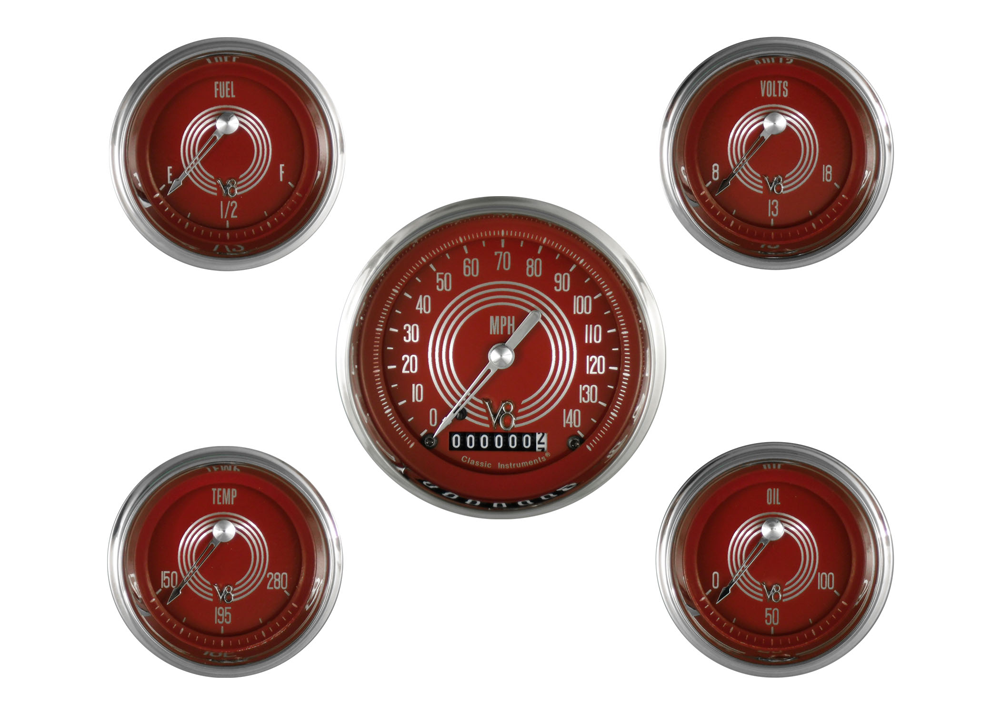 V8RS00SHC - Classic Instruments V8 RED STEELIE 5 gauge set