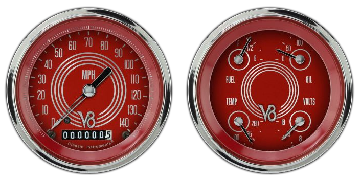 V8RS02SHC - Classic Instruments V8 RED STEELIE 2 gauge set Speedometer Quad