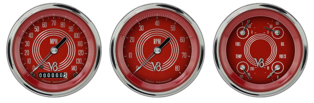 V8RS03SHC - Classic Instruments V8 RED STEELIE 3 gauge set Speedometer Tachometer Quad