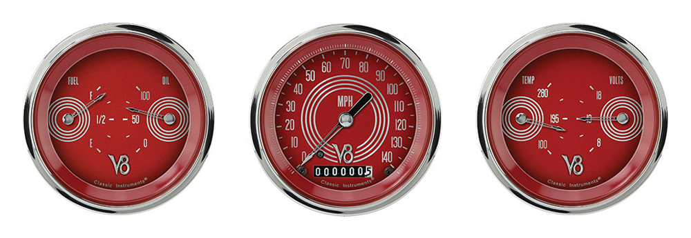 V8RS04SHC - Classic Instruments V8 RED STEELIE 3 gauge set Speedometer Fuel-Oil Temp-Volt