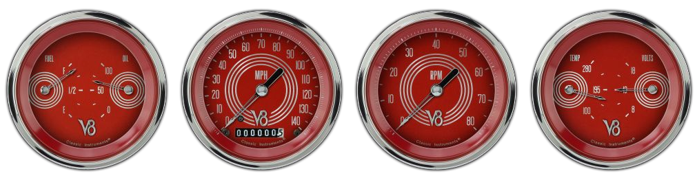 V8RS05SHC - Classic Instruments V8 RED STEELIE 4 gauge set Speedometer Tachometer Fuel-Oil Temp-Volt