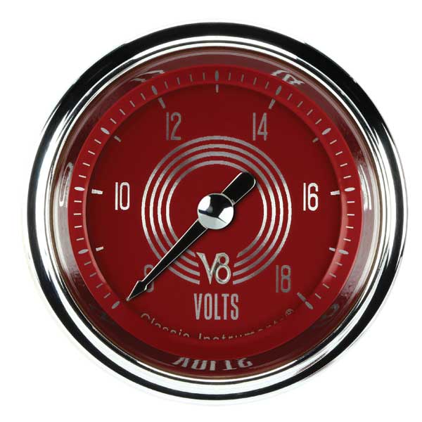 V8RS130SHC - Classic Instruments V8 Red Steelie Volts Gauge