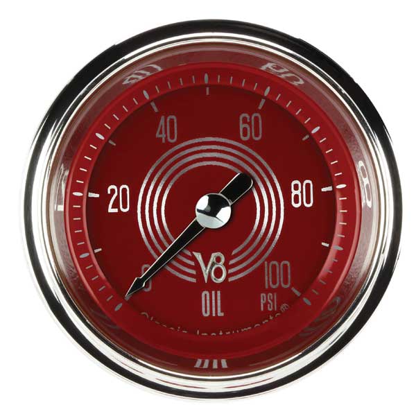 V8RS181SHC - Classic Instruments V8 Red Steelie Oil Pressure Gauge 100PSI