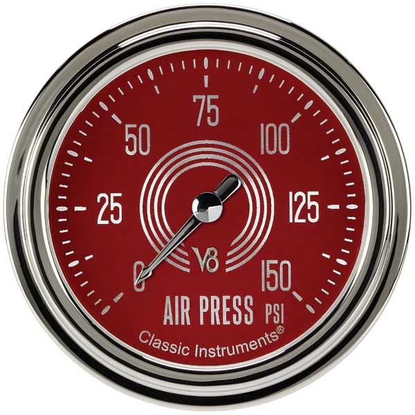 V8RS318SLC - Classic Instruments V8 Red Steelie Air Pressure Gauge 150PSI