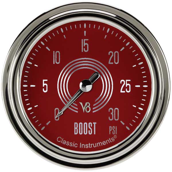 V8RS342SLC - Classic Instruments V8 Red Steelie Boost Gauge 30PSI