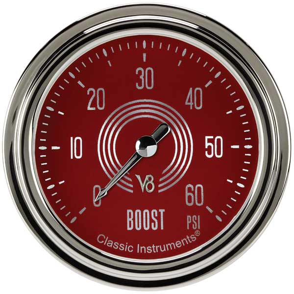 V8RS343SLC - Classic Instruments V8 Red Steelie Boost Gauge 60PSI