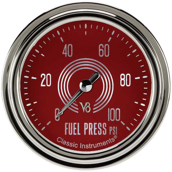 V8RS346SLC - Classic Instruments V8 Red Steelie Fuel Pressure Gauge 100PSI