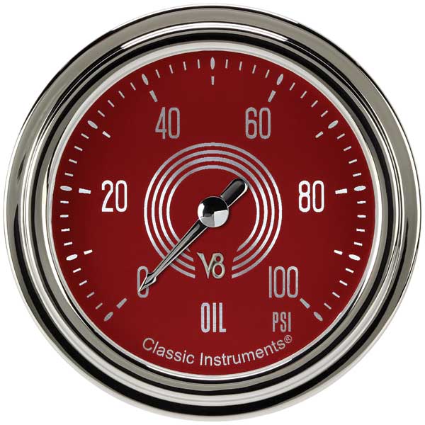 V8RS381SLC - Classic Instruments V8 Red Steelie Oil Pressure Gauge 100PSI