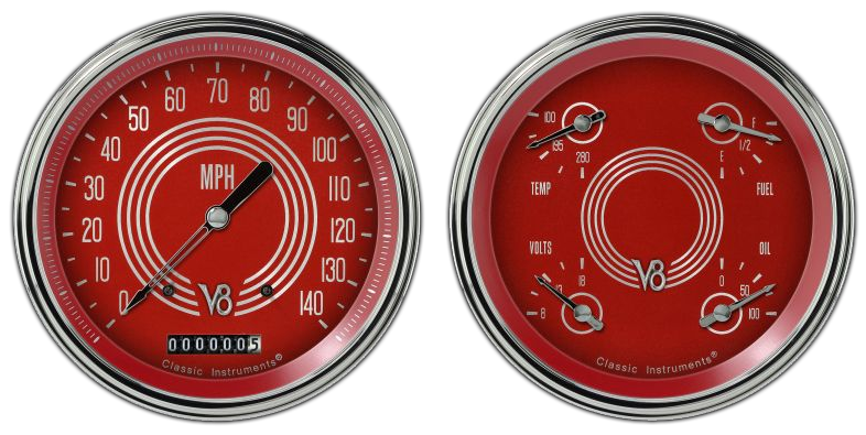 V8RS52SLC - Classic Instruments V8 RED STEELIE 2 gauge set Speedometer Quad