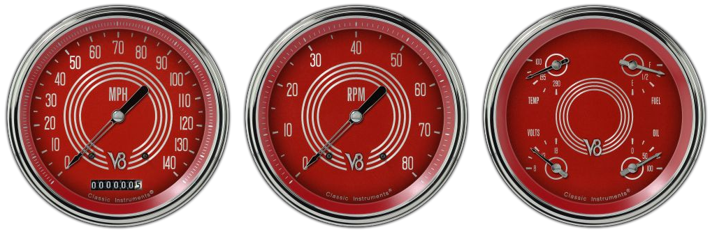 V8RS53SLC - Classic Instruments V8 Red Steelie 3 gauge set Speedometer Tachometer Quad