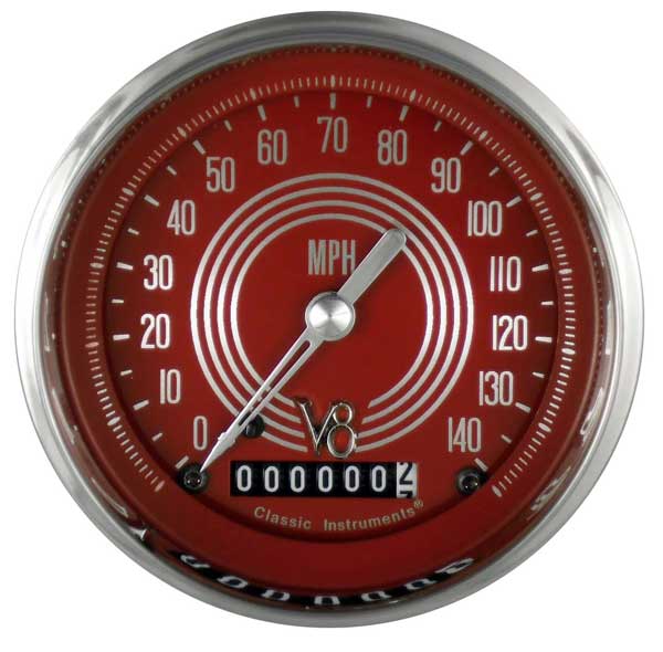 V8RS55SHC - Classic Instruments V8 Red Steelie Speedometer 140 MPH