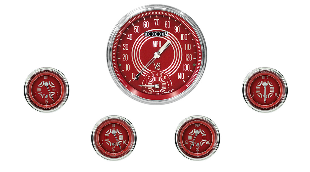 V8RS65SLC - Classic Instruments V8 Red Steelie 5 gauge set Speedtachular Fuel Temperature Volt Oil