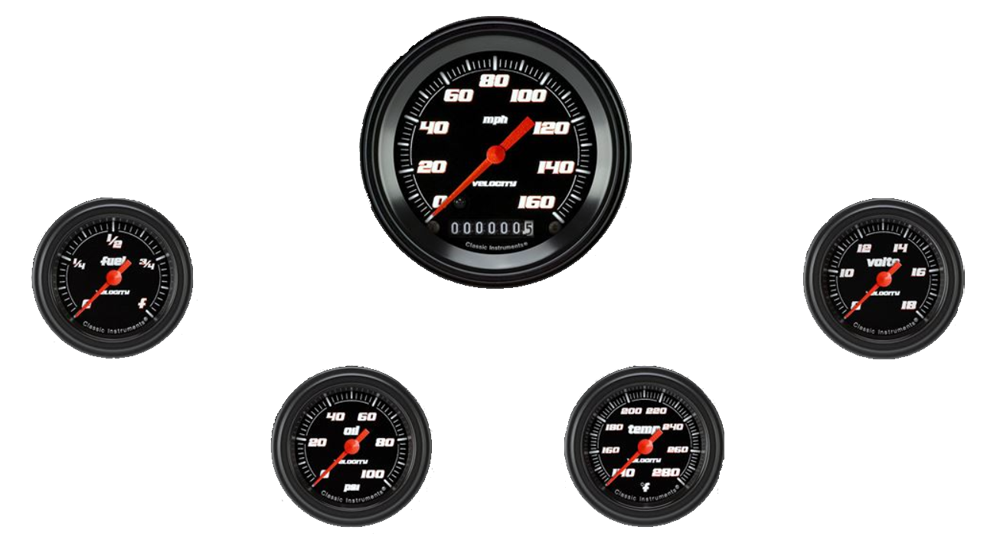 VS100BBLF - Classic Instruments Velocity Black Series 5 gauge set Speedometer Fuel Oil Pressure Temperature Volt